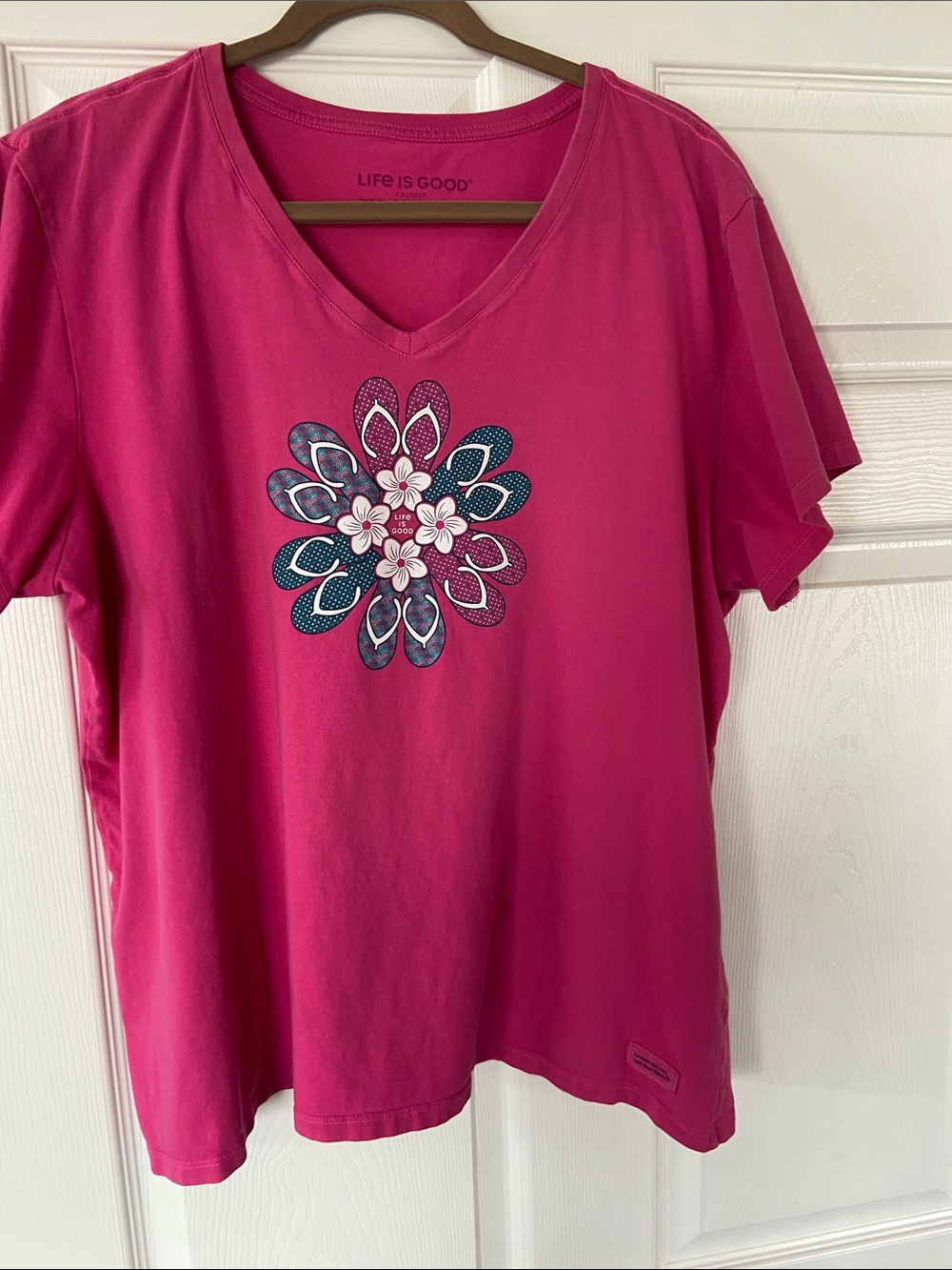 Life Is Good Women's V-Neck Tee in Fuchsia with Floral Medallion